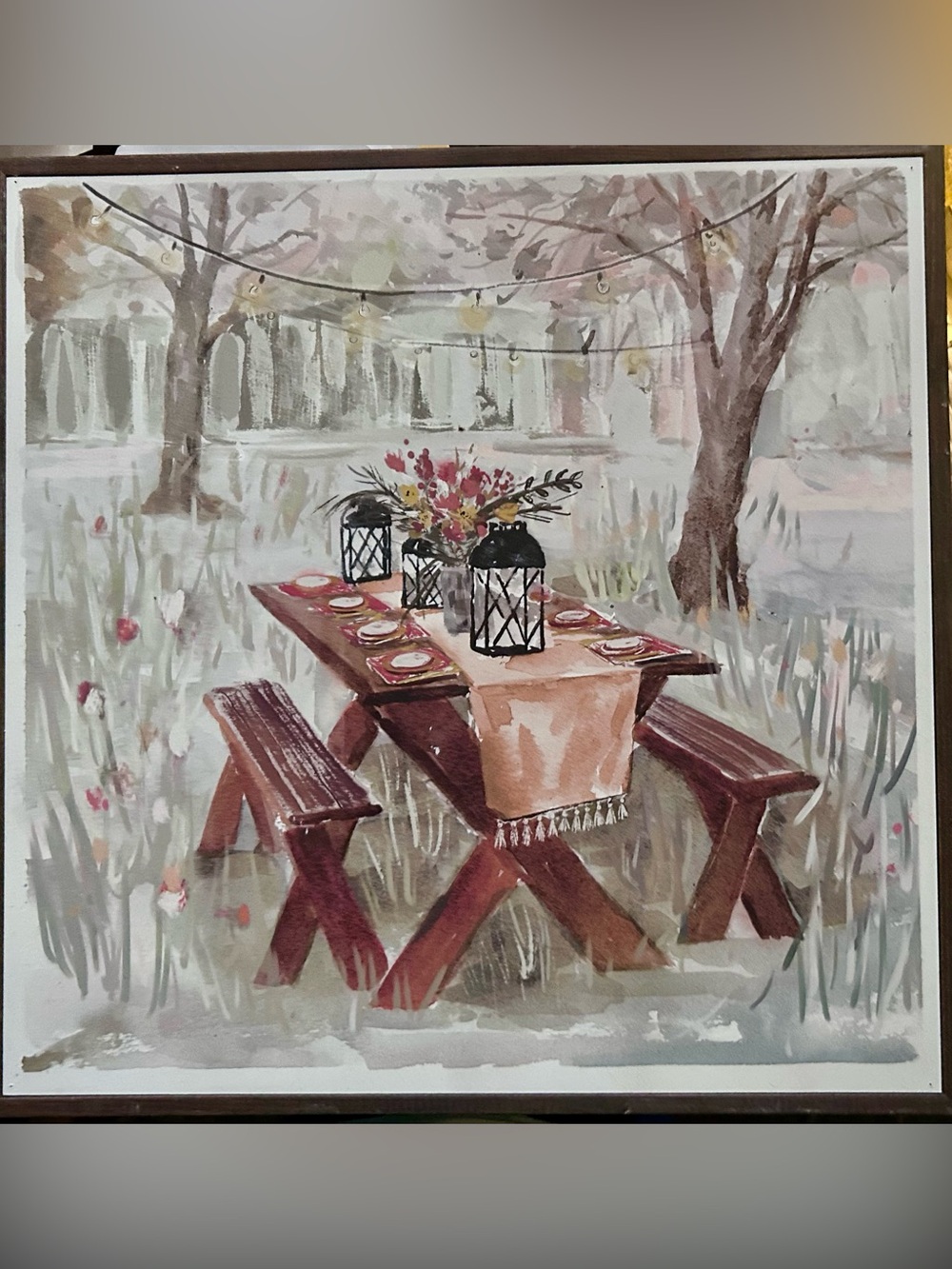 Hobby Lobby Rustic Picnic Table Art Print - Peach and Brown Tones